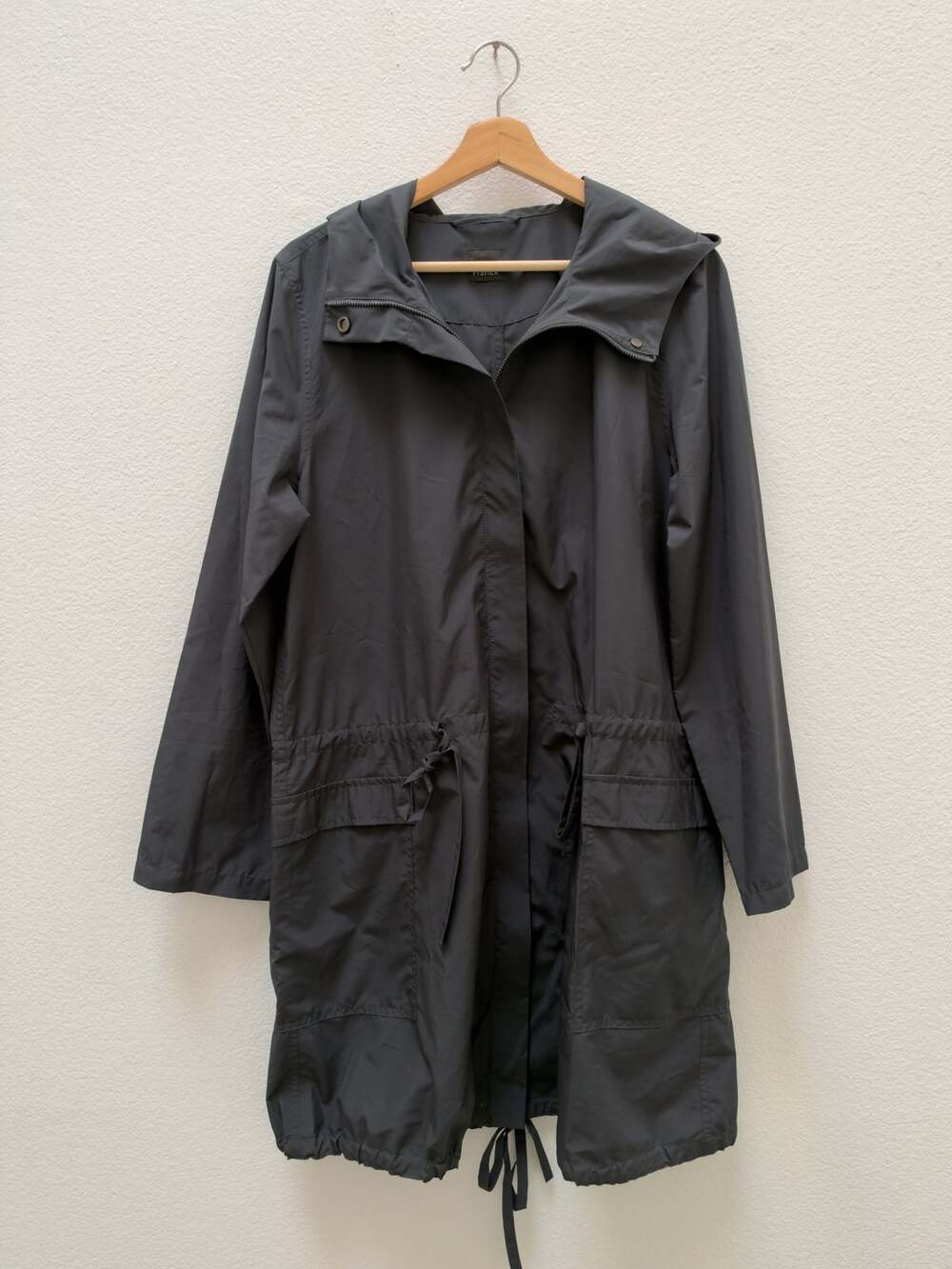 Eileen Fisher Womens Dark Gray Recycled Polyester Hooded Raincoat Jacket Size L